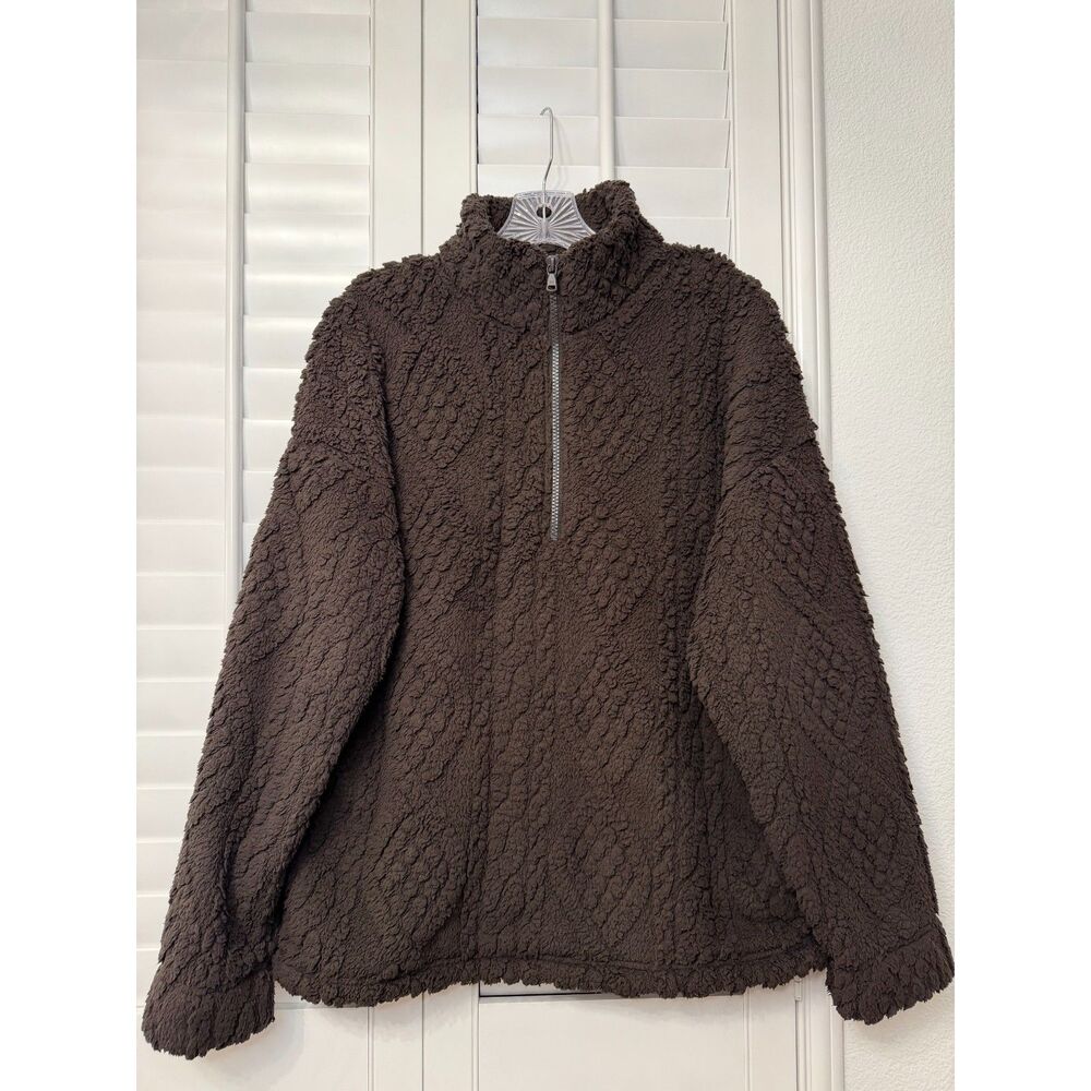Gilly Hicks Chocolate Brown Geometric Textured Sherpa Fleece 1/4 Zip S